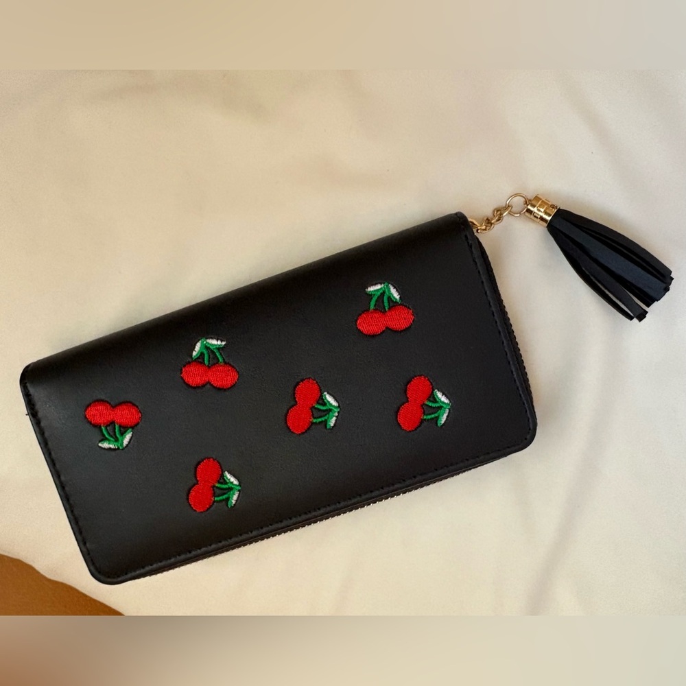 Black Cherry Embroidered Zip Wallet